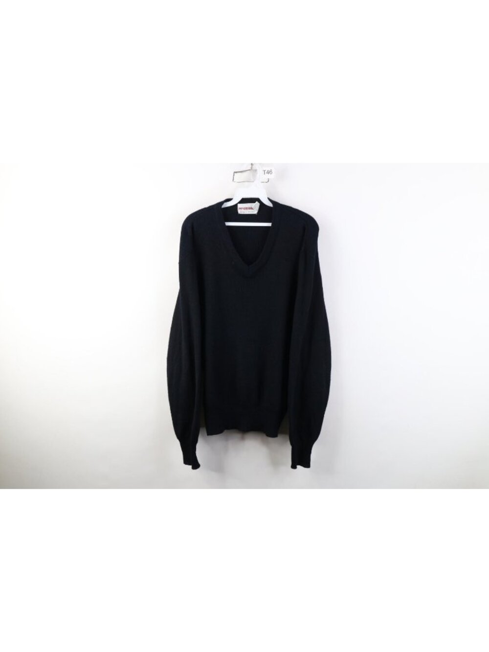 Vintage 70s Streetwear Mens Large Blank Ribbed Knit V-Neck Sweater Black Acrylic
